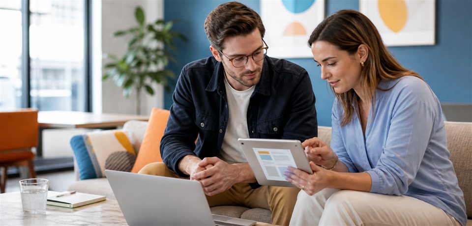 Communications specialist reviewing an email campaign with a client