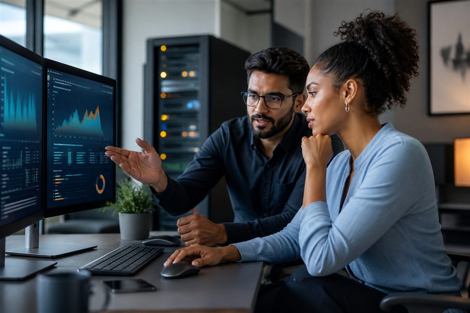 Hosting consultant reviewing performance with a business owner