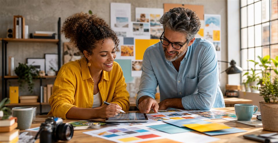 Marketing strategist building a campaign with a business owner