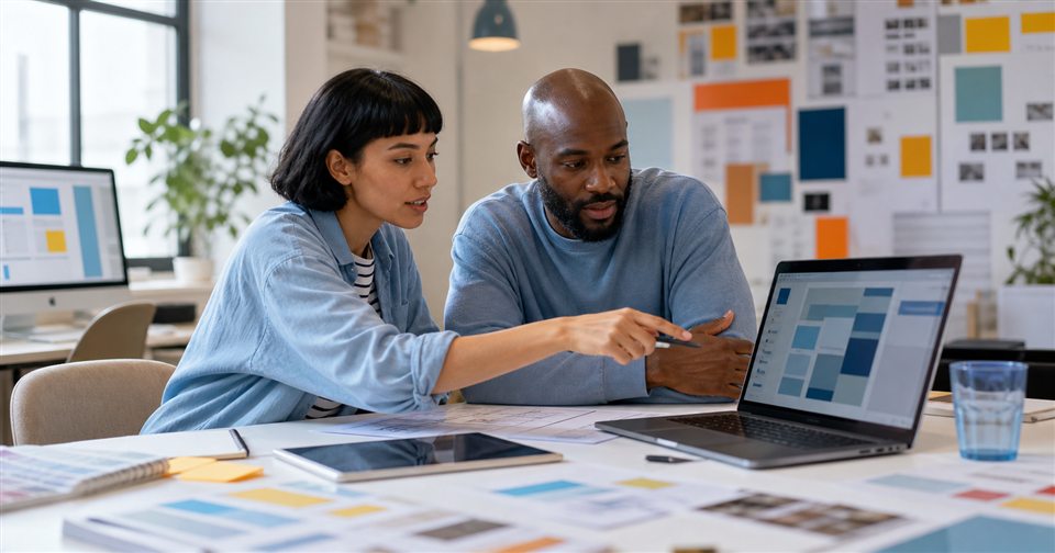 Web designer reviewing a website with a business owner